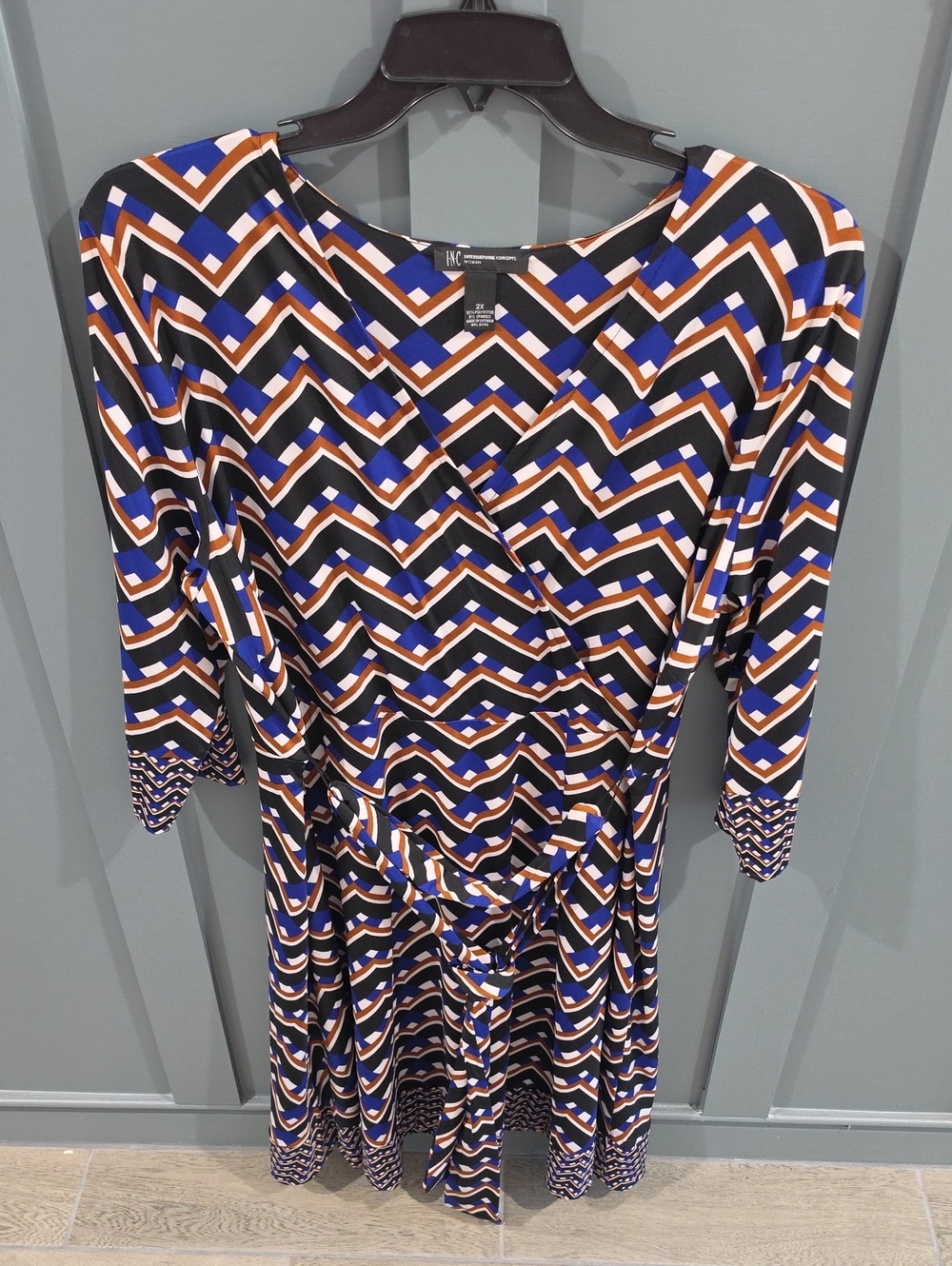 INC International Concepts Geometric Wrap Midi Dress - Blue & Brown